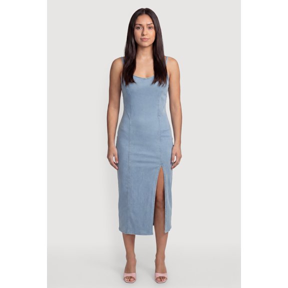 Women's Sleeveless Zip Back Denim Dress with Side Slit