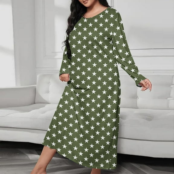 JUSLIO Nightgowns for Women Graphic Print Sleepwear Long Sleeve Nightgown Sleep Dress Round Collar Loungewear Army Green Robes Nightgowns Pajama