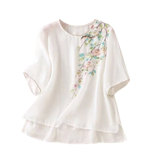 Primavera Tops para las Mujeres Algodón, Algodón Y Lino Impreso, Manga Corta Cuello Redondo Top / Camisa