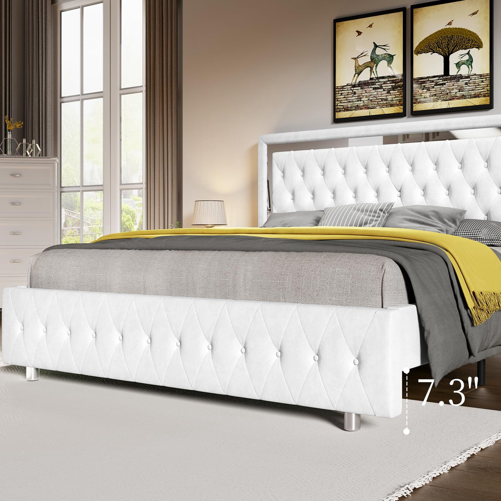 Merluxy Velvet Upholstered Bed Frame with LED Lights Headboard/No Box Spring Needed,Full,White