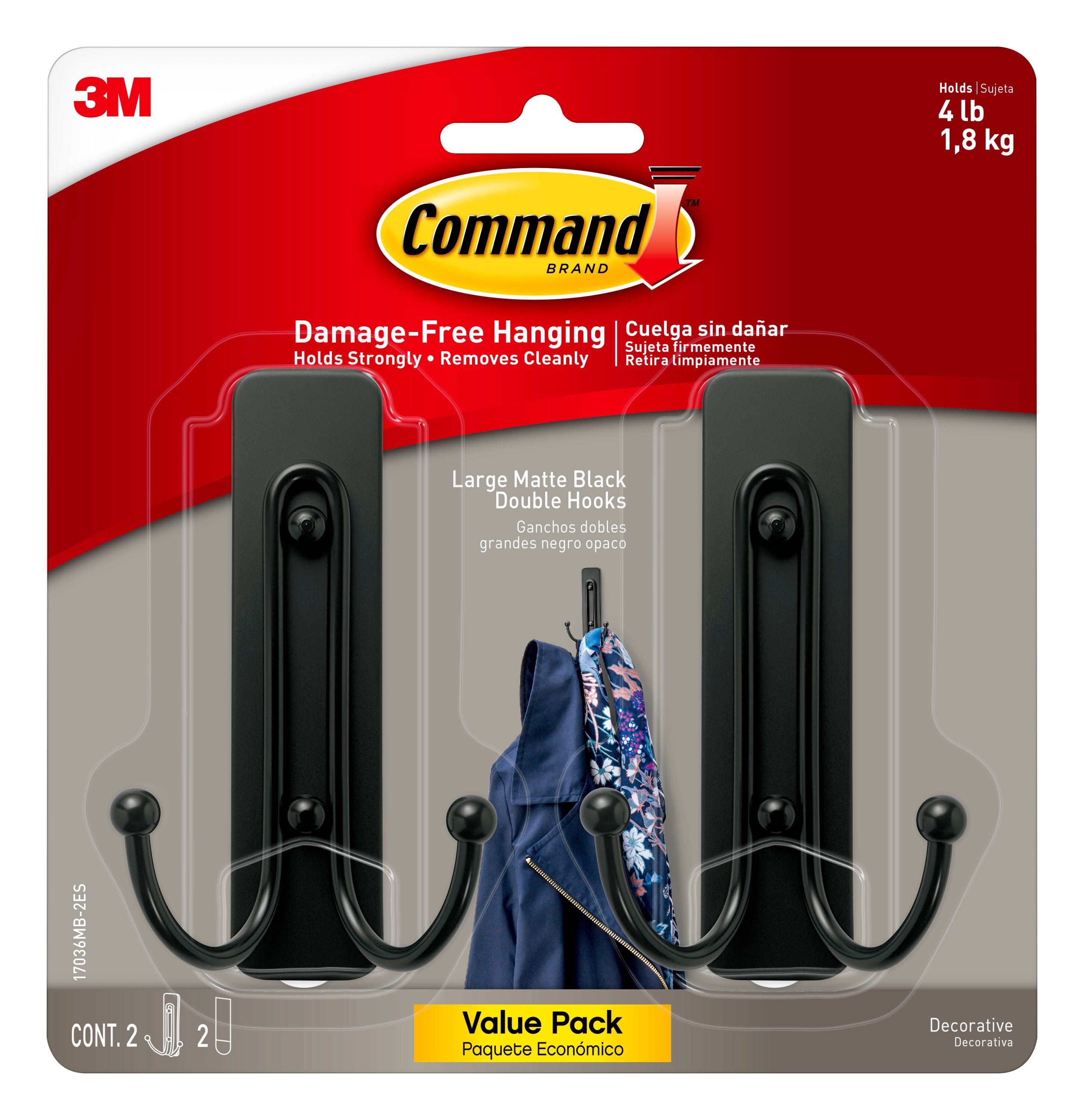 Command Large Matte Black Double Hooks, 2 Hooks, 2 Strips
