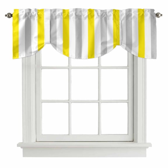 Tie Up Valances for Windows, Yellow Stripe Adjustable Valance Curtains Window Treatment for Living Room/Bedroom, Geometric Grey White Vertical Striped Rod Pocket Kitchen Curtains & Drapes 54x18 Inch
