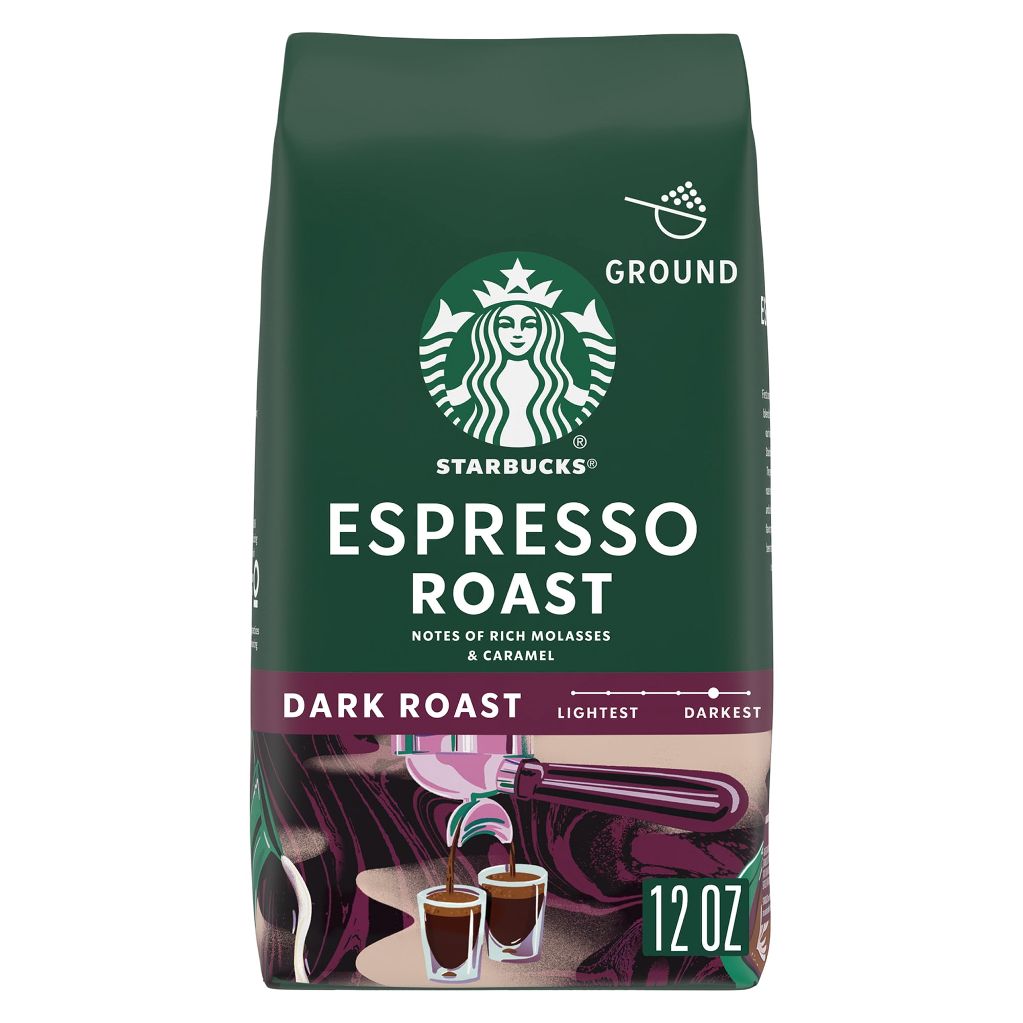 (2 pack) Starbucks Espresso Roast, Ground Coffee, Dark Roast Hot or Iced Coffee, 12 oz