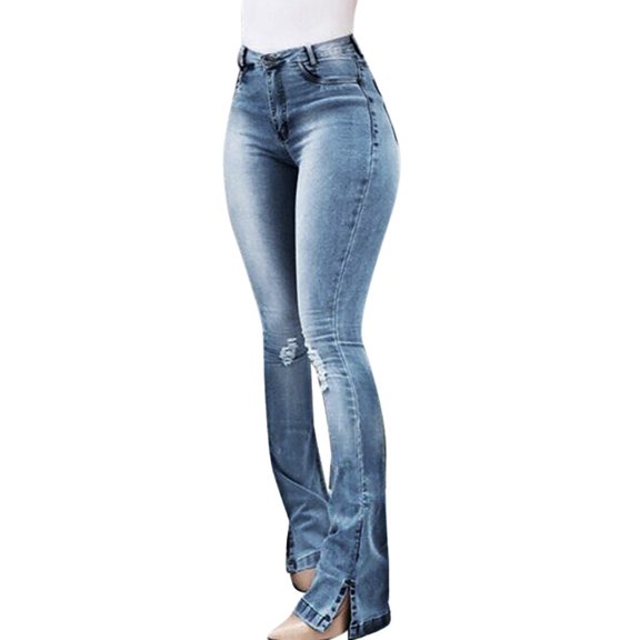 Puntoco Women Clearance Pants High Waisted Skinny Denim Jeans Pocket Stretch Slim Button Pants Jeans Sky Blue