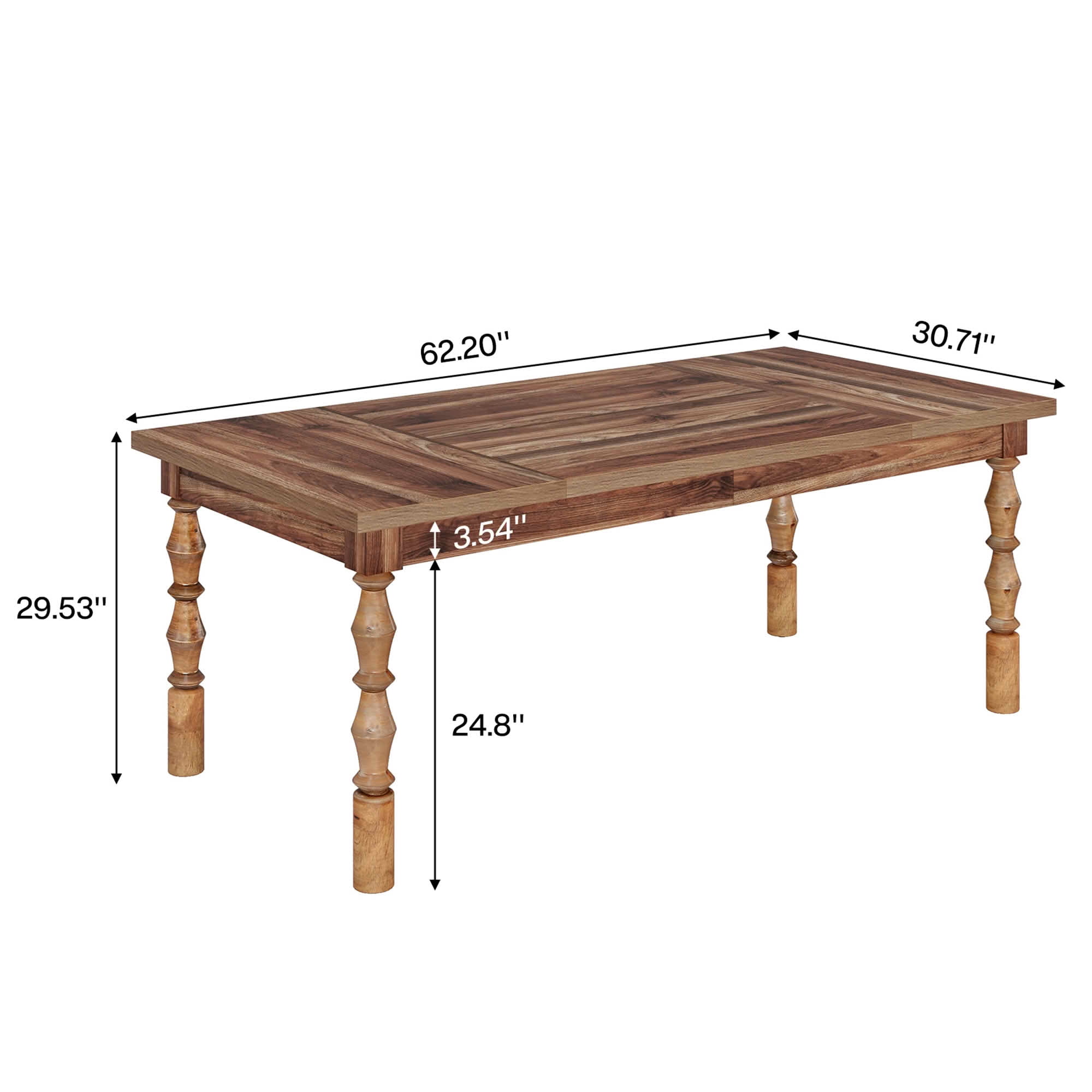 MAYEERTY 62 Inch Rectangular Dining Table, Walnut Kitchen Dinner Table with Carved Turned Legs for 4 to 6 People