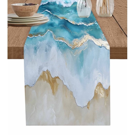Ldtrchee Aqua Ombre Beach Table Runner 48 Inches, Coastal Nautical Summer Seaside Bed Runner Dresser Scarves Tabletop for Indoor Outdoor Parties/Ceremony/Banquet, 13" x 48"