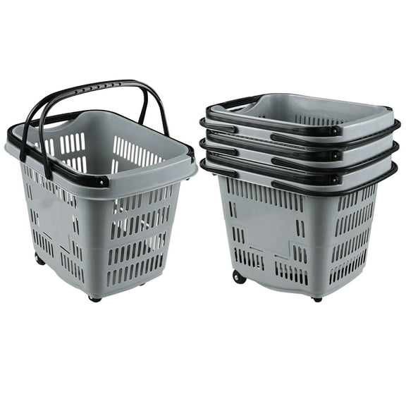 Aninhao 50 L Plastic Shopping Basket with Wheels and Handle, 4-Pack Rolling Shopping Basket for Groceries, Grey