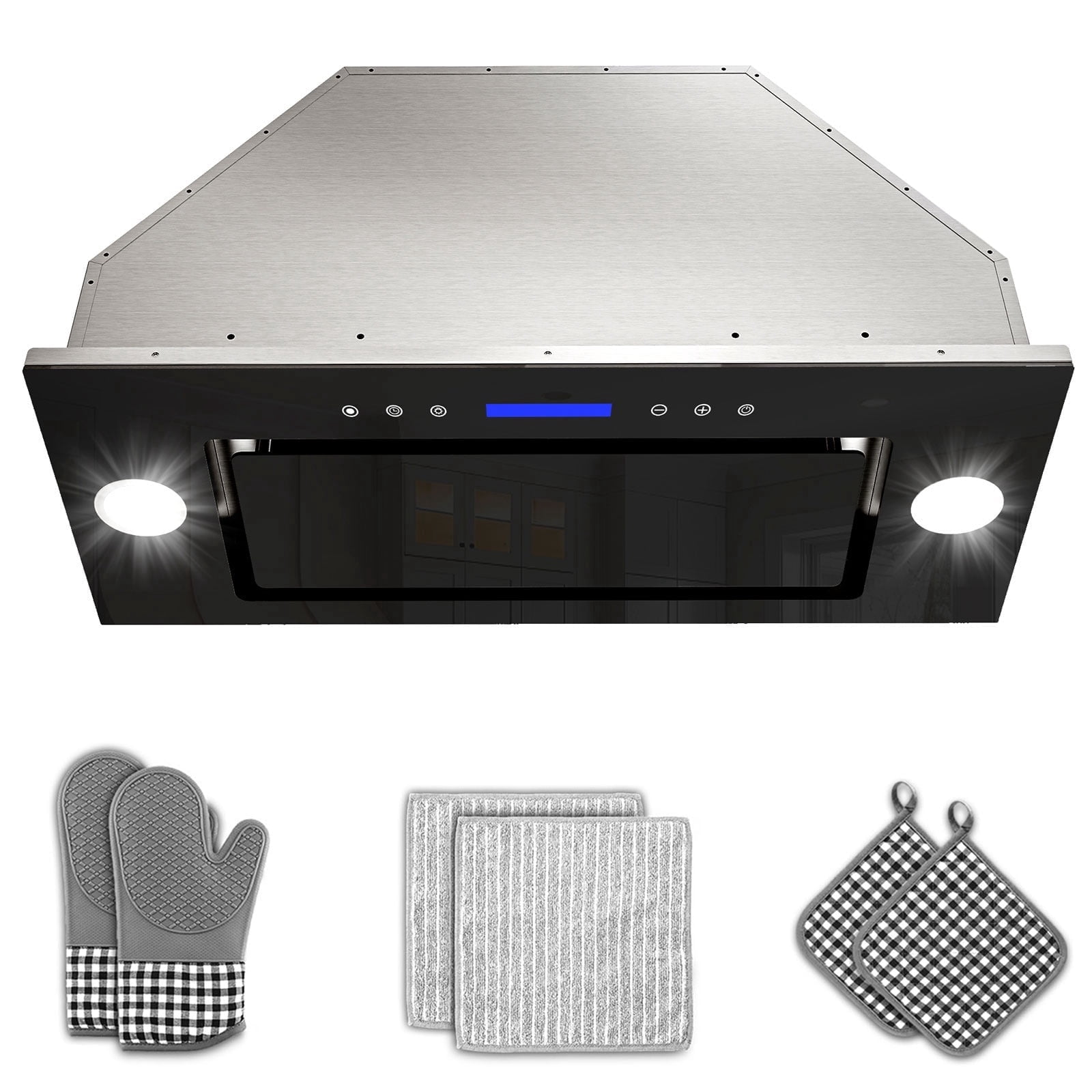 GIMSOL 30" Insert Range Hood, 400 CFM, 4-Speed Soft-Touch Control, Stainless Steel with Black Glass, Ducted/Ductless