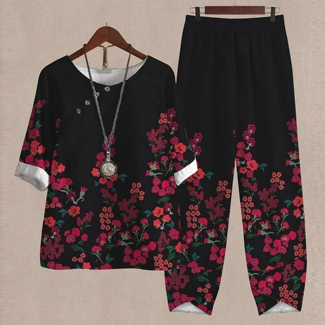 zanvins Costumes pour Femmes Élégants Ensemble d'Été Imprimé Manches Courtes Demi-Manches Col Rond Haut Court + Pantalon Décontracté Ensemble Deux Pièces