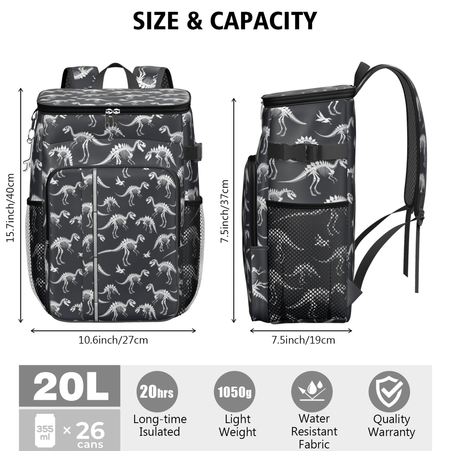 Travel Cooler Bag - Black Cartoon Dinosaurs Skeletons Pattern Camping Beer Cooler Backpack with Bottle Opener- Waterproof Insulated Picnic Backpacks - Cooler Bag for Beach