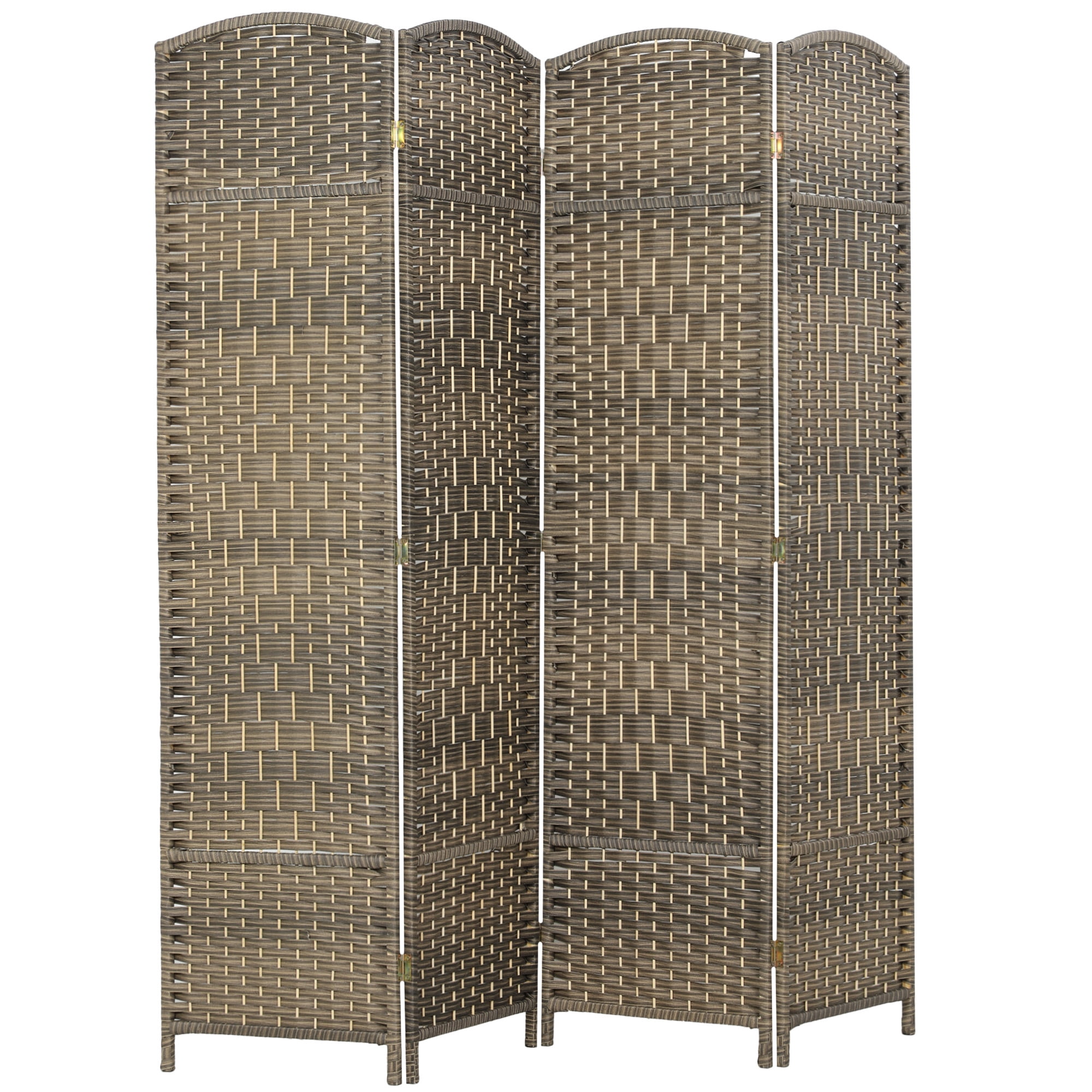 HOMCOM 4 Panel Room Divider, 6' Tall Folding Privacy Screen, Woven Freestanding Wood Partition for Home Office, Bedroom, Dark Rustic Oak