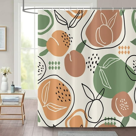 

Mid Century Abstract Shower Curtain Beige Abstract Peach Fruit with Leaf Minimalist Pattern Art Bathroom Curtain for Bathtub Decor Waterproof Fabric Machine Washable with 12 Hooks
