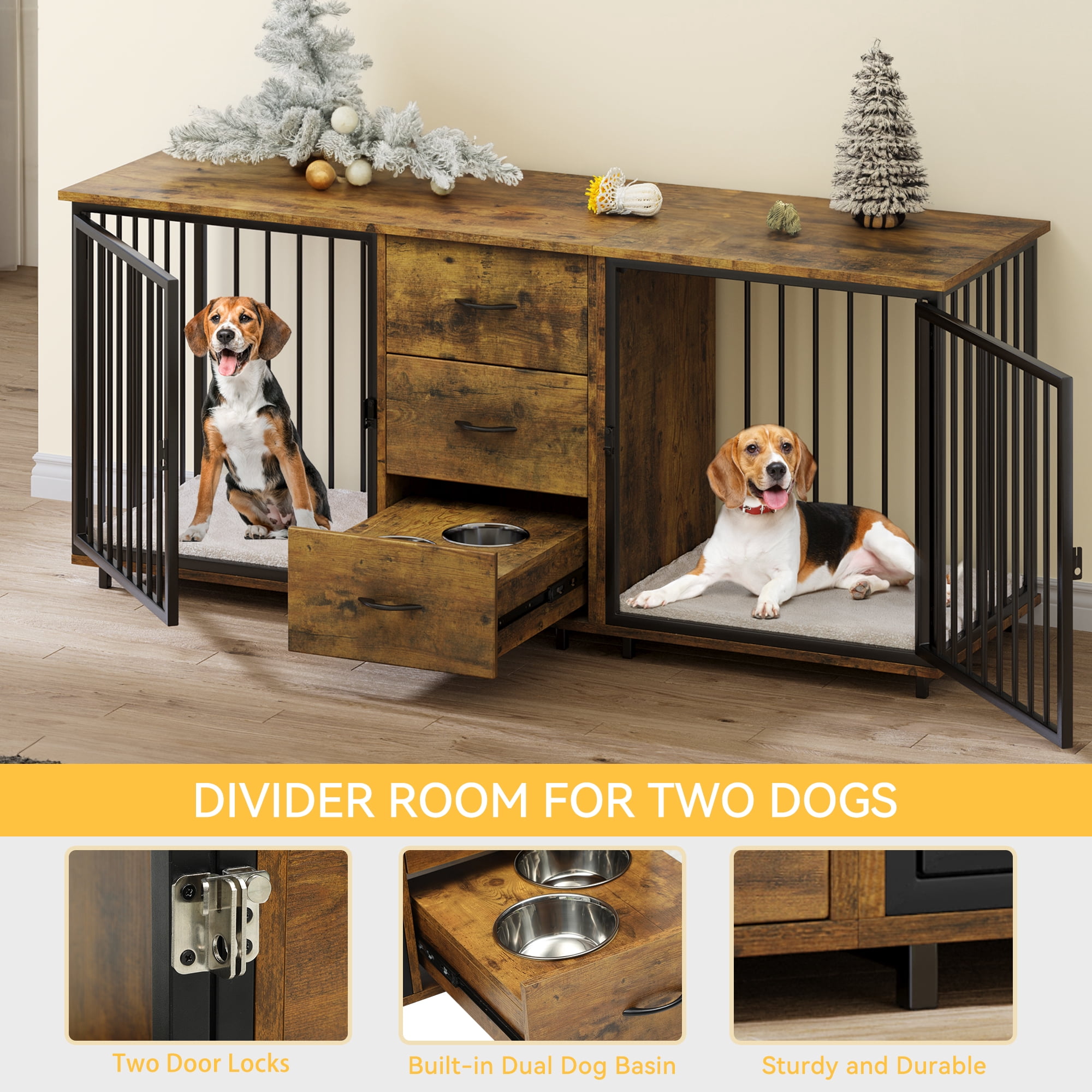 Dextrus 74" Large Double Dog Crate Kennel Furniture with Divider and 2 Drawers&2 Feeder Bowls,for 2 Medium or Large Dogs, Rustic Brown
