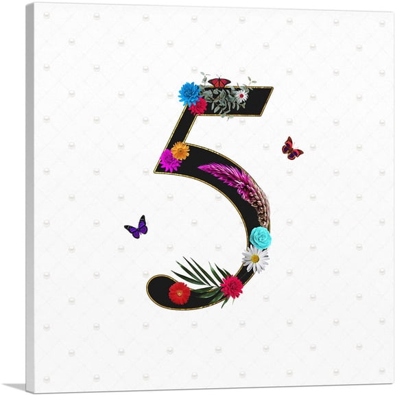 ARTCANVAS Flower Plant Butterfly Alphabet Number 5 Five Numeral Canvas Art Print - Size: 12" x 12" (0.75" Deep)