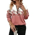 thumbnail image 1 of Camiseta de Larga para Mujer, Cuello Redondo, Estilo Casual, con Media Cremallera, Estampado Geométrico y Bloques de Color. Rojo Rosa S, 1 of 8