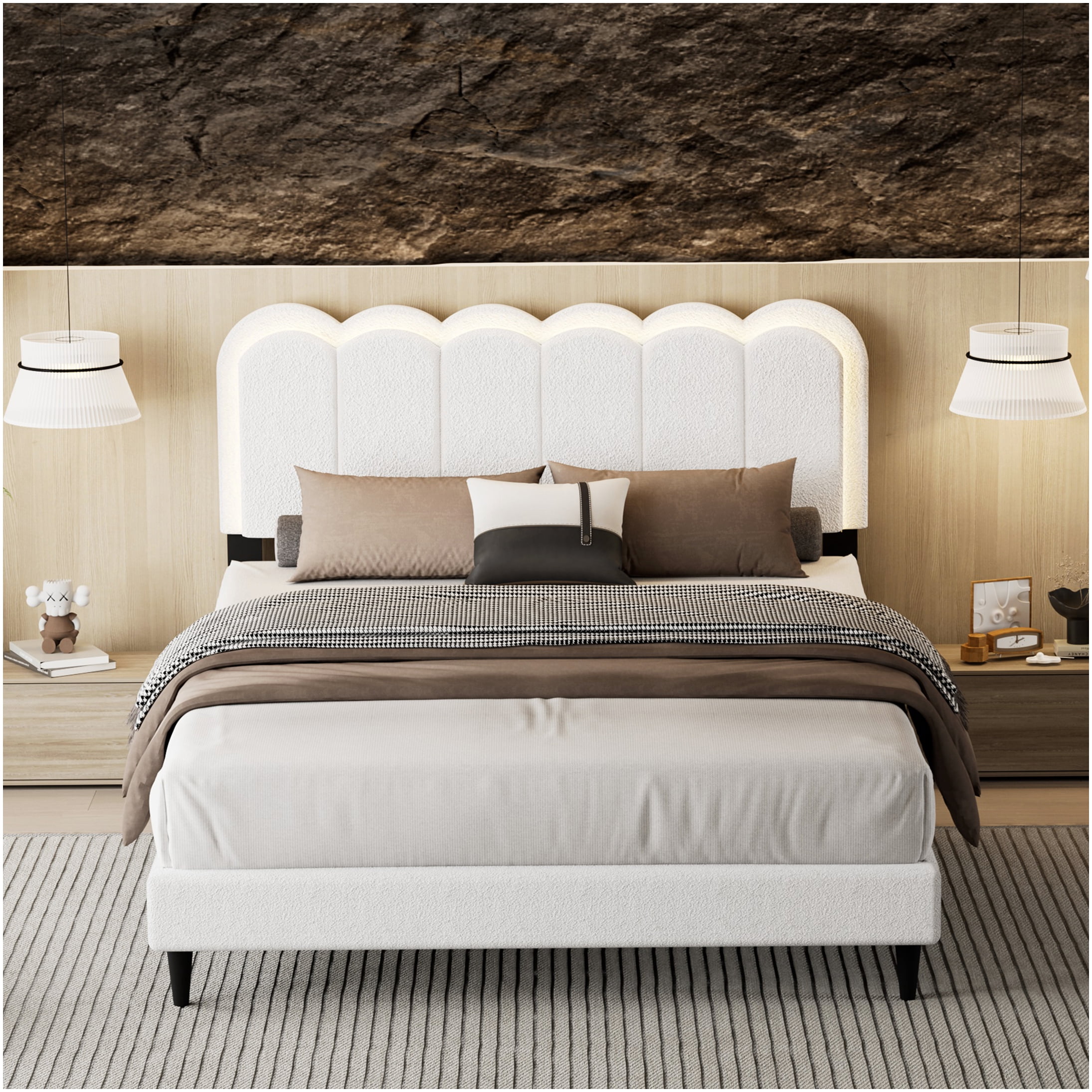 Queen Upholstered Bed Frame with LED Headboard and Storage, Modern Platform Bed with Soft Boucle Fabric, Noise Free, Wood Slat Support