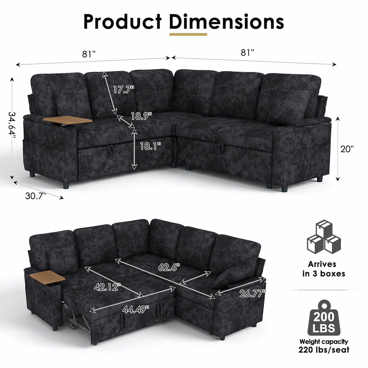 Xiweot 81" Modular Sectional Sleeper Sofa with Pull Out Couch, L Shaped Sofa Bed with Storage, Adjustable Backrest, USB Ports & Small Table, 5 Seaters Chenille Sofa for Living Room (Black)