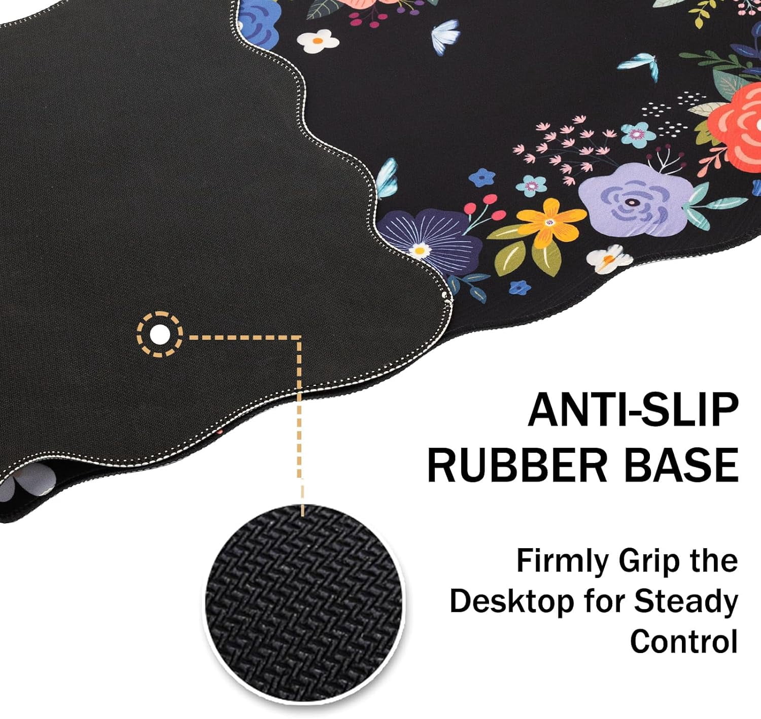 Floral Mouse Pad,Black Desk Mat XXL Large Scalloped Gaming Mousepad,35.4x15.7in Non-Slip Rubber Base Keyboard Pad Waterproof Desktop Mat for Laptop Computer Game Home Office-Black Floral