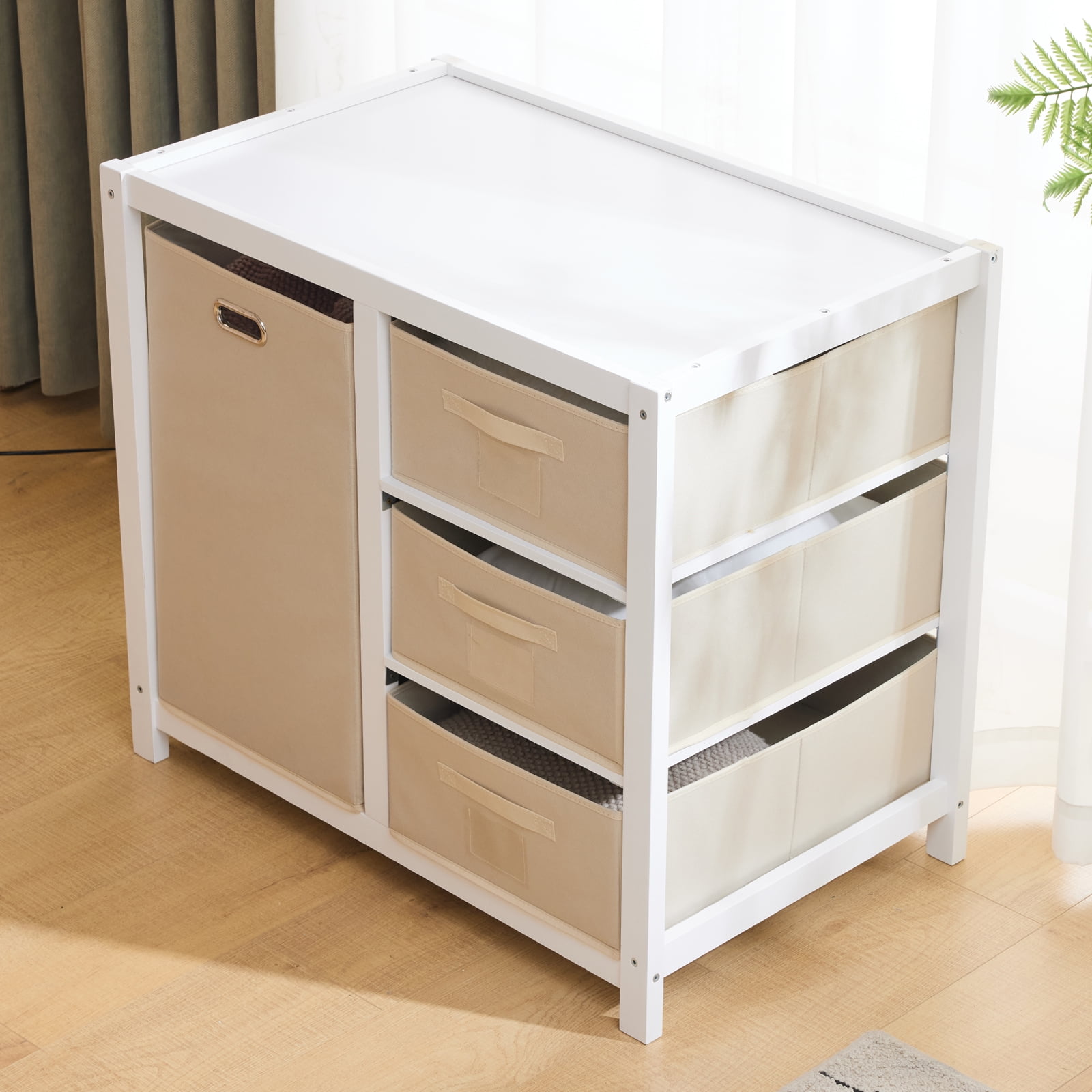 Zimtown Baby Changing Table,Dresser Baby Diaper Changing Station with Laundry Hamper,Infant Nursing Table with 3 Storage Drawers,Removable Safety Rail & Strap for Bedroom,White