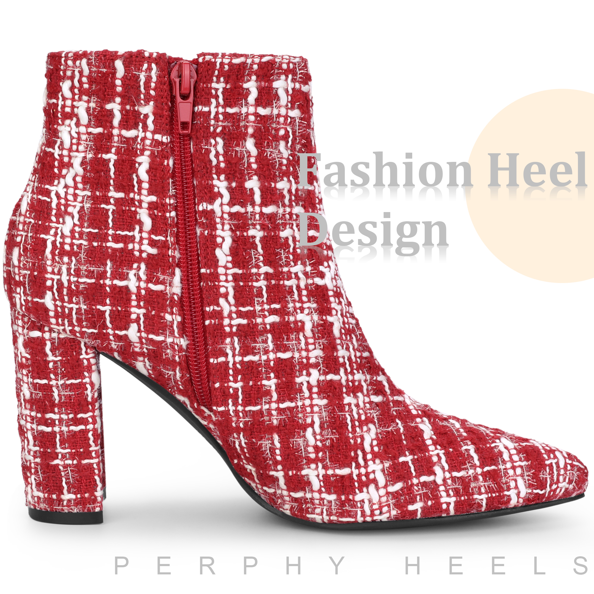 DARING DIVA Tweed Ankle Boot Pointy Toe Chunky Heel Plaid Boots Red 7
