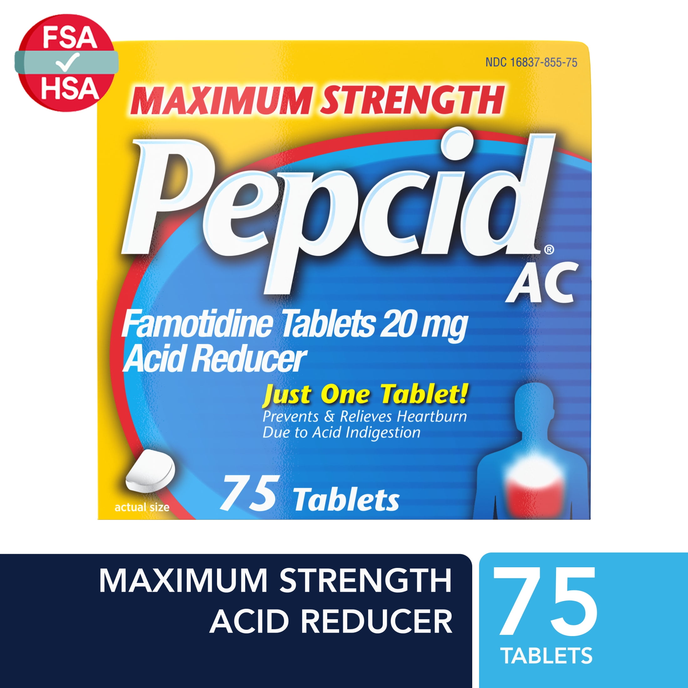 (3 pack) Pepcid AC Maximum Strength Heartburn Medicine, Famotidine 20mg Acid Reducer, Heartburn Relief, 75 Count