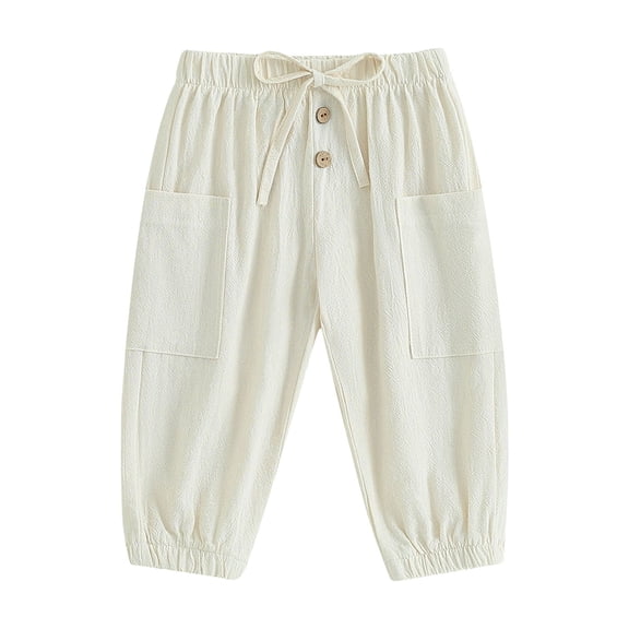 Musuos Toddler Boys Cotton Linen Casual Pants 6 12 18 24M 3 4Y Solid Color Elastic Drawstring Button Cargo Pants with Pockets
