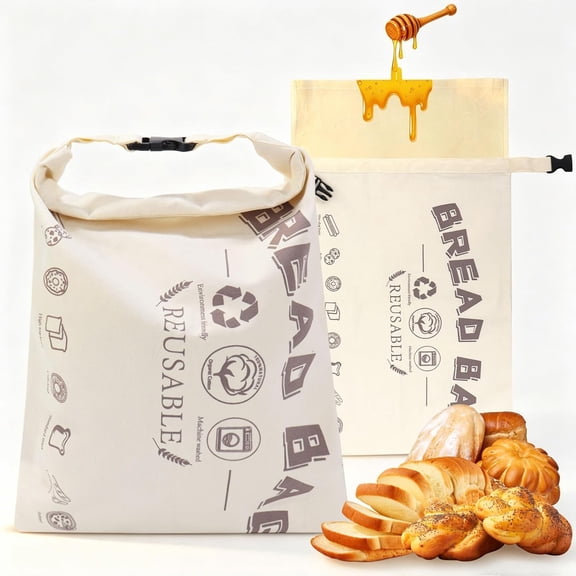 2 Pack Beeswax Bread Bags for Homemade Bread, 13 x 17 Inch Reusable Sourdough Bread Storage Bags with Removable Beeswax Liner, Organic Cotton Bread Keeper, Roll-Top Buckle, Freezer Safe