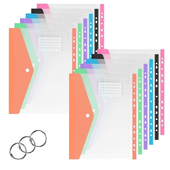 12 Pack Clear Plastic Binder Pockets 11-Hole Envelopes with Snap Closure & Write-On Label, Expandable Folders for 2/3/4 Ring Loose-Leaf Binders, School/Office/Home Storage(Side-Opening)
