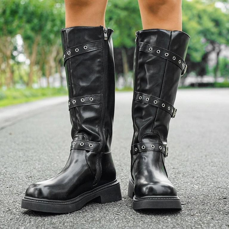 Black Booties TKYCMSUAKI Women Knee High Riding Boots Slip On