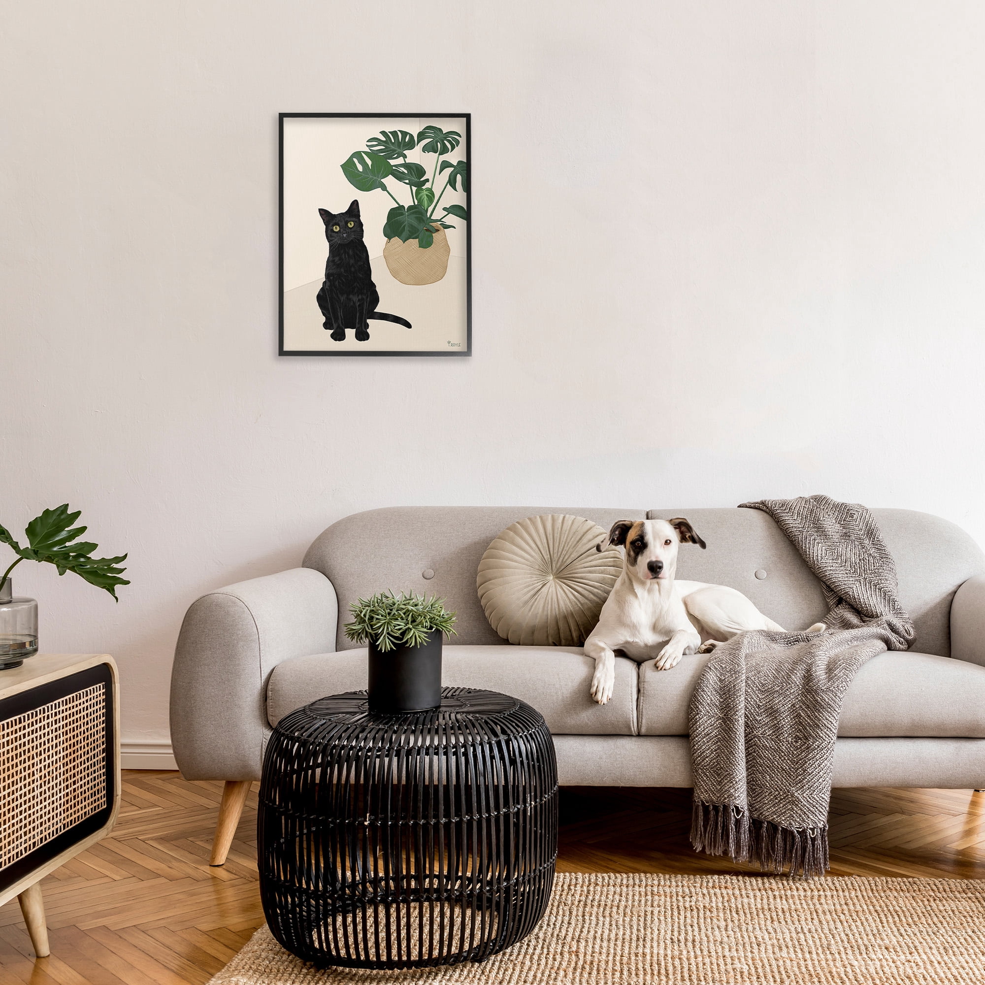 Stupell Industries Black Cat & Monstera Plant Animals & Insects Painting Black Framed Art Print Wall Art, 24 x 30