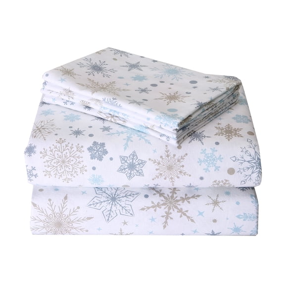Christmas Flannel Sheets Queen Set - 100% Cotton 4-Pcs Brushed Bed Sheets w/16" Deep Pocket, Ultra-Soft Snowflake Print Winter Warm Bedding