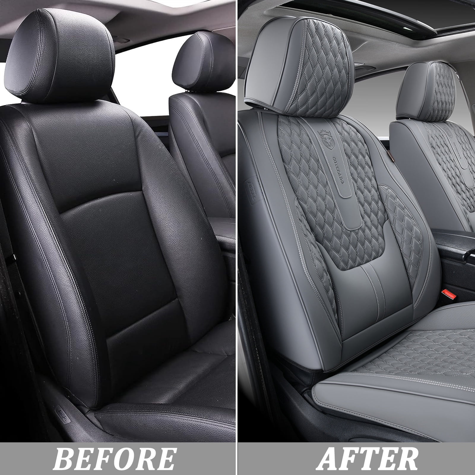 Coverado Gray Car Seat Covers Front, Waterproof Faux Leather Auto Seat Protectors with Lumbar Support, Luxury Automotive Interior Accessories Universal Fit Most Cars SUV Trucks