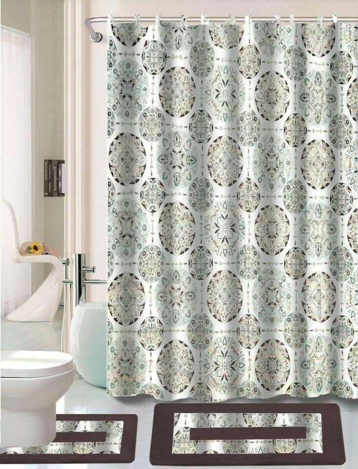 NEW 19PC Bathroom Bath Rugs Mats and Shower Curtain Set With Ceramic Accessories 