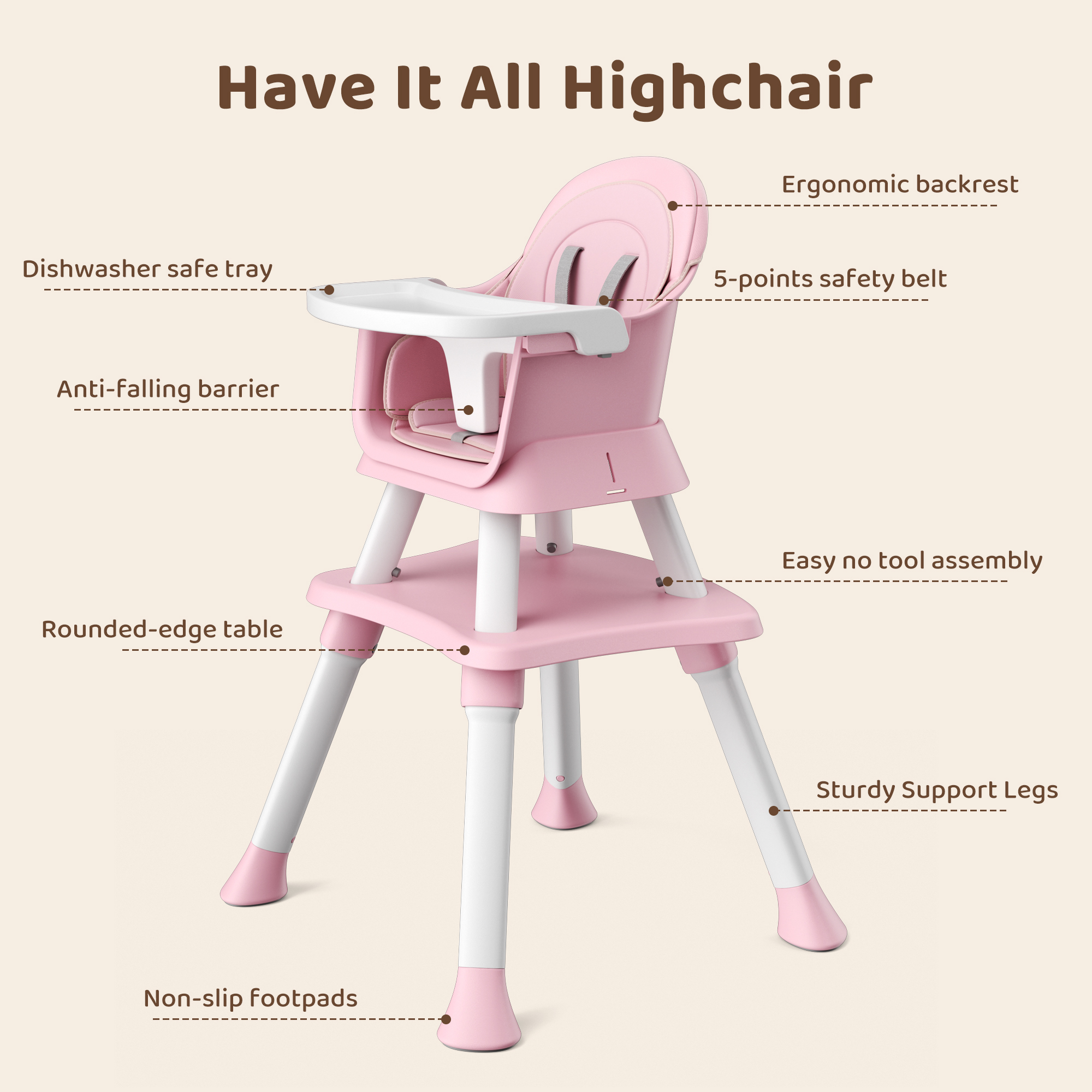 AILEEKISS 8-in-1 Baby High Chair, Pink/White photo 7