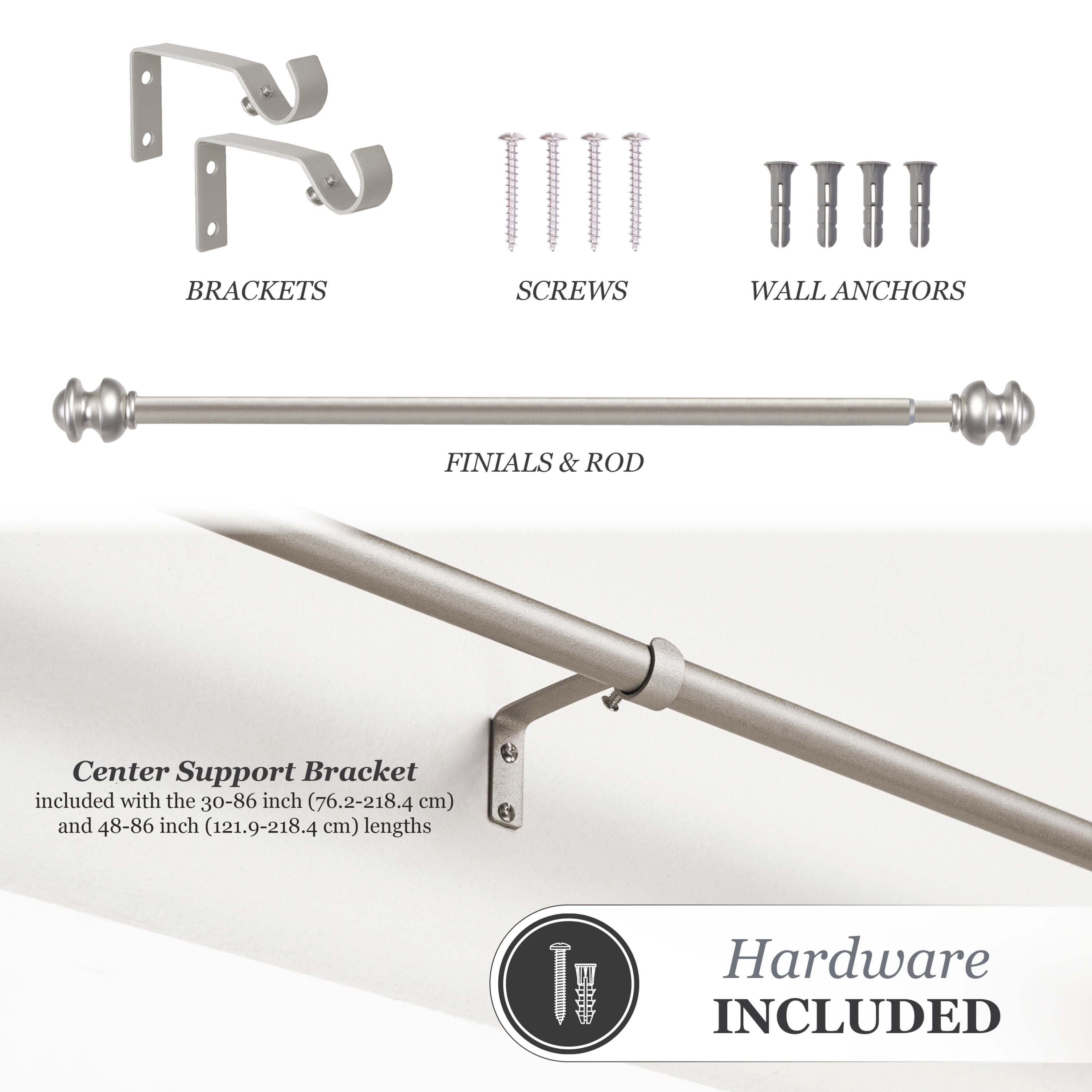 Kenney® Kendall 5/8" Standard Decorative Window Curtain Rod, 28-48", Brushed Nickel