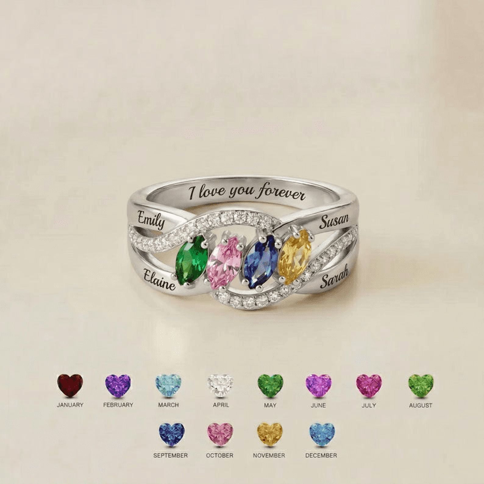 Personalized Family Birthstone Ring with 4 Custom Names |Engraved Mother's Day Ring with 4 Birthstones |Grandma Daughter Gift Jewelry
