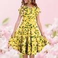 thumbnail image 2 of Bainana Summer Dresses For Girls Teen Tie Dye Floral Print Ruffled Sleeve Crew Neck Dress Breathable Casual Little Girls Holiday Party Street Wear Yellow Size 12-13 Years, 2 of 5