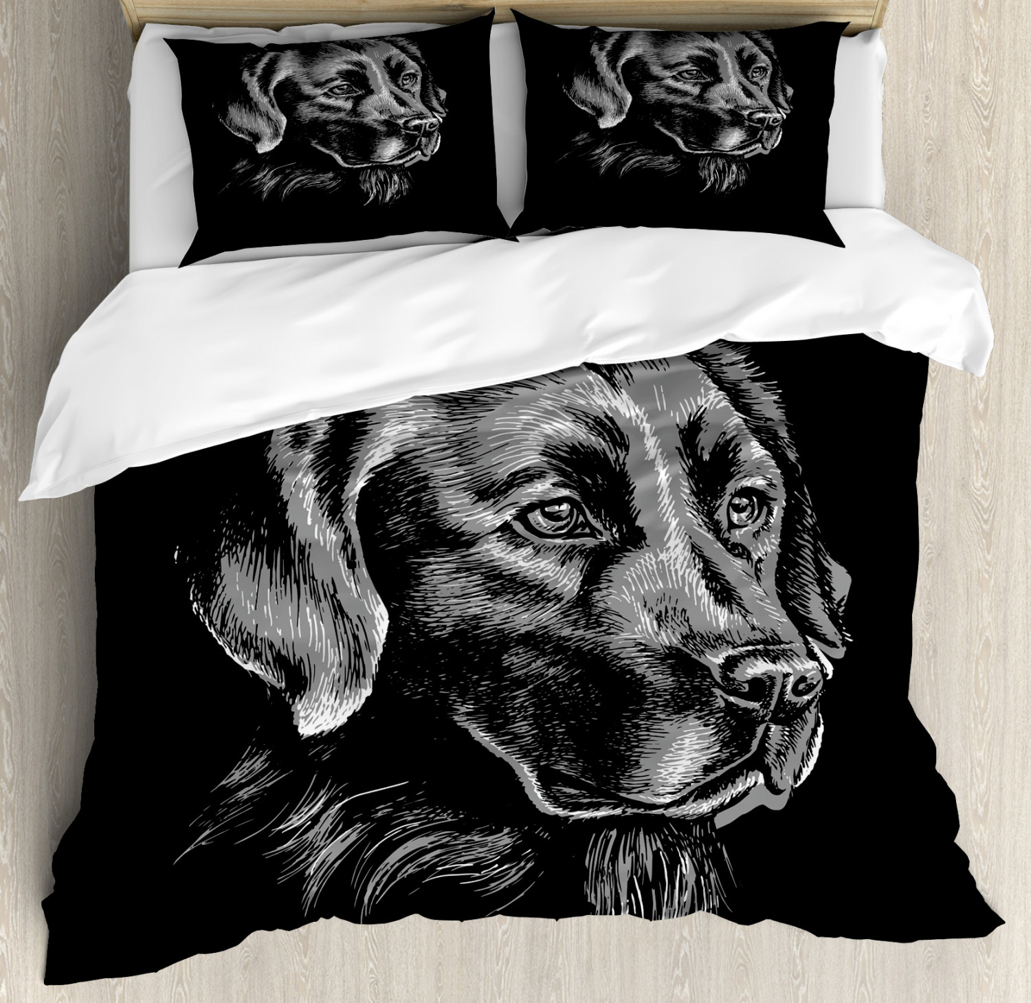 Labrador Duvet Cover Set Queen Size, Artsy Sketch Portrait of Retriever