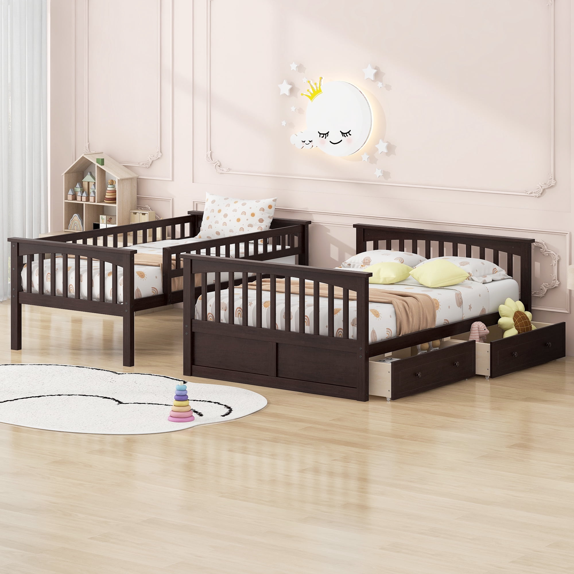 Euroco Wood Twin over Full Bunk Bed with Drawers, Convertible Two Beds in One, Espresso