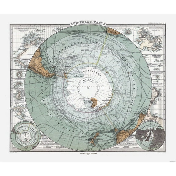 Historic Map - South Pole - Perthes 1875 - Vintage Wall Art