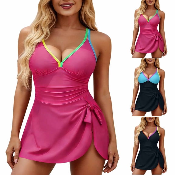 QIUOMBBP One Piece Swim Dress for Women V Neck Crisscross Back Tummy Control Swimdress Sarong Wraps Bathing Suit Orange S