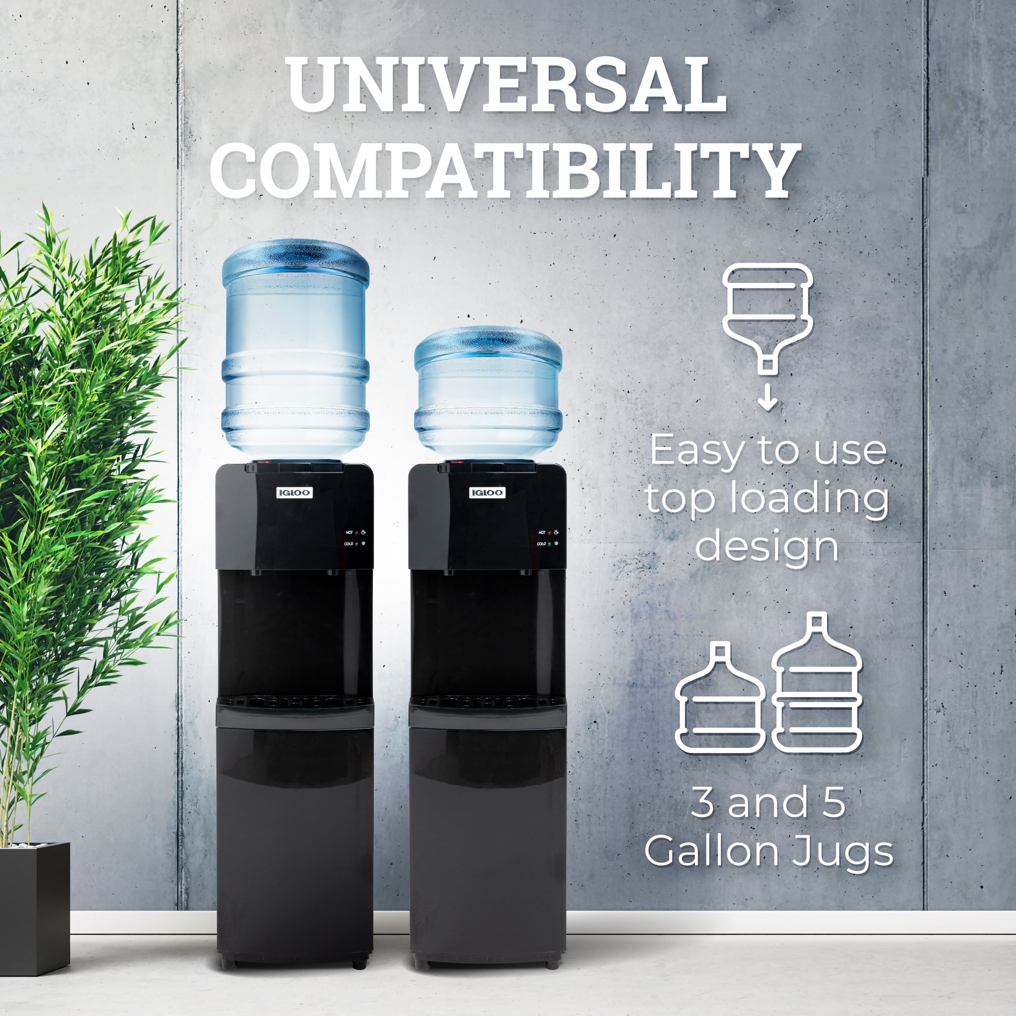 Igloo Top Loading Hot and Cold Water Dispenser for 3 & 5 Gallon Bottle, Black