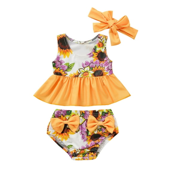 Odeerbi Girls Swimsuit Infant Swimsuit Sleeveless Beach Sunflowers Tankinis Swimwear Headband Set Orange
