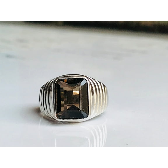 Smoky quartz men ring in 925 sterling solid silver