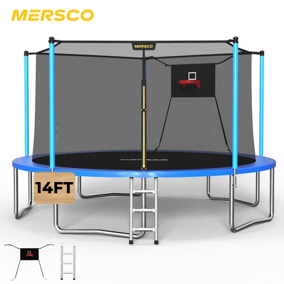 Mersco 14FT Kids Trampoline, ASTM Certified Heavy Duty Outdoor Trampoline with Safety Enclosure Net Basketball Hoop and Ladder for Backyard Family Fun, Jumping Trampoline PLAY