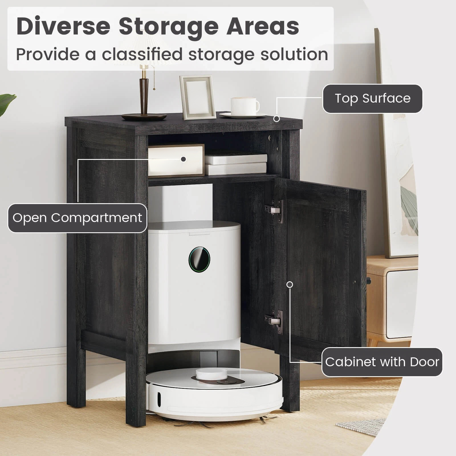DRAZUNO Robot Vacuum Stand Cabinet with Door & Open Shelf for Home Office Living Room