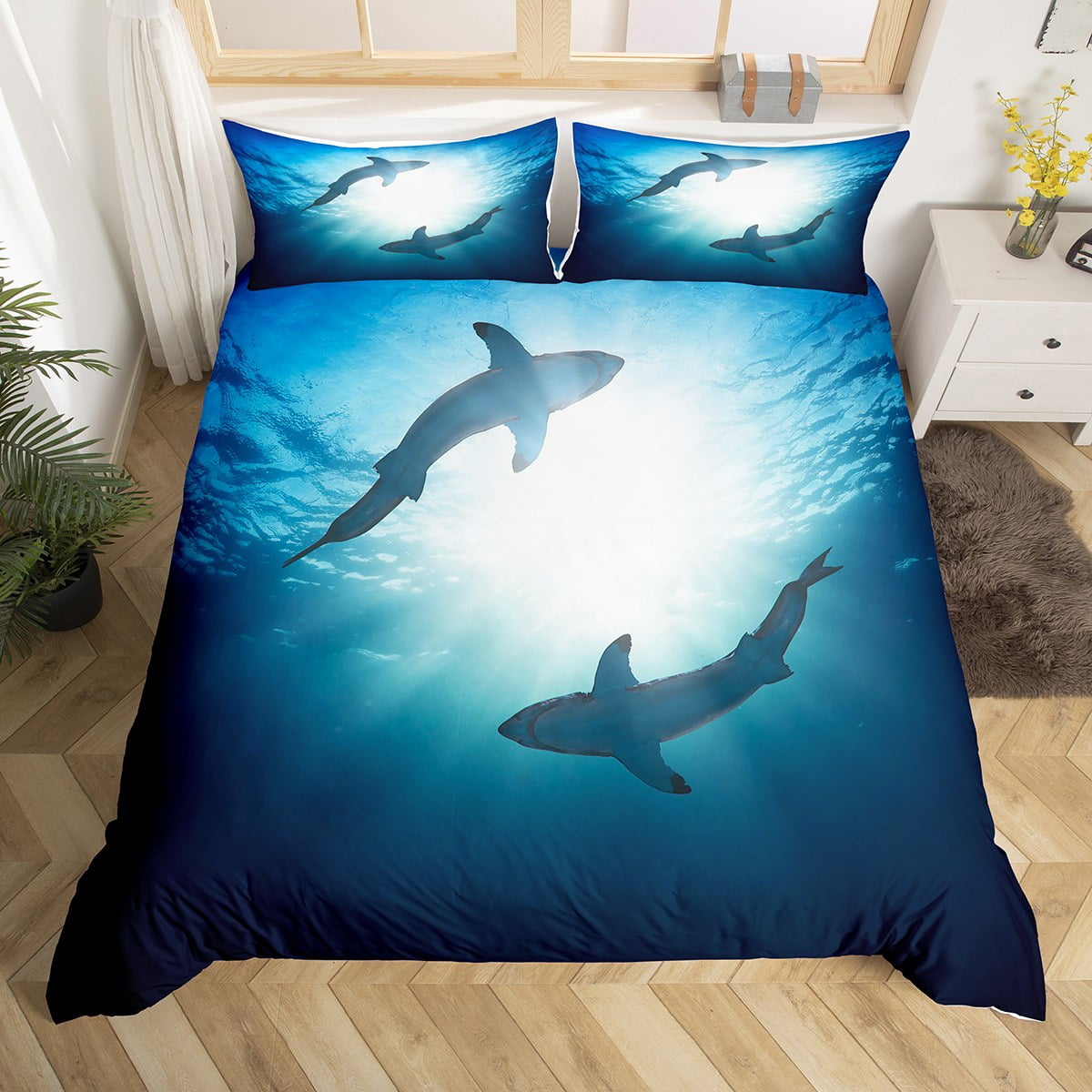Ocean Themed Duvet Cover Full, Boys Shark Comforter Cover, Marine Life