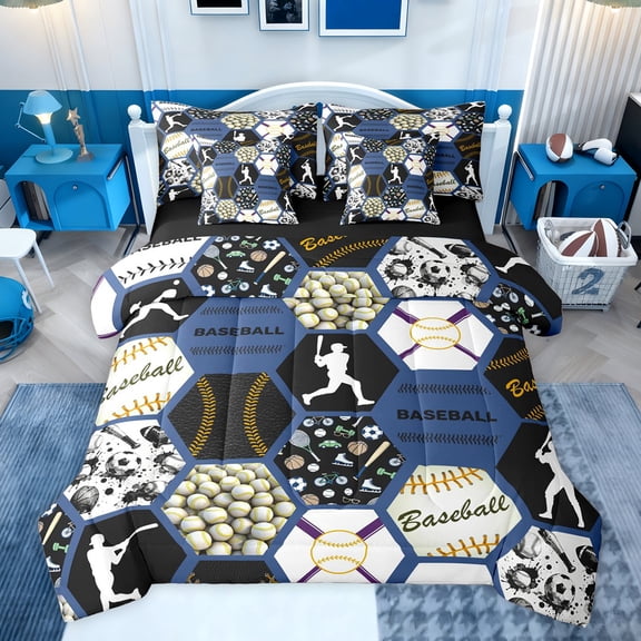 Castle Fairy Adults Female Men Baseball Gamer Twin Bedding Sets 7-Piece,Abstract Honeycomb Hexagon Bedding Comforter Set Microfiber,Sport Theme Breathable Sheet Sets,Microfiber Bedroom Decor