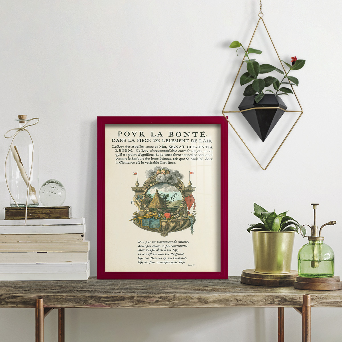 Printed Embellished Bookplate III - Framed Print w/glass - Cherry Red