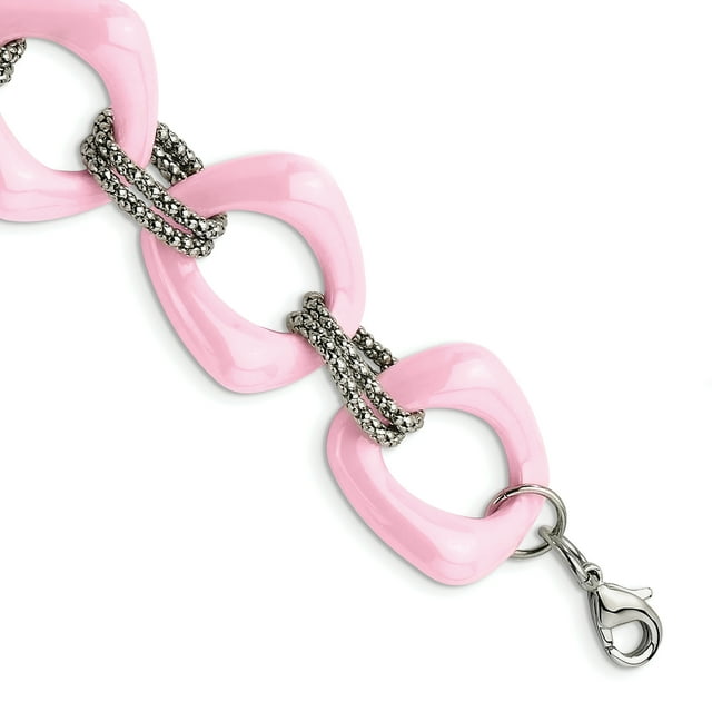 Stainless Steel Pink Ceramic 8 Inch Link Bracelet Contemporary Fancy